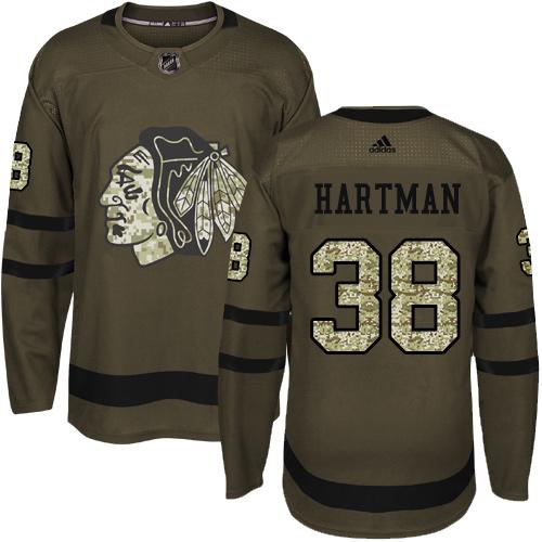 Adidas Blackhawks #38 Ryan Hartman Green Salute to Service Stitched NHL Jersey - Click Image to Close